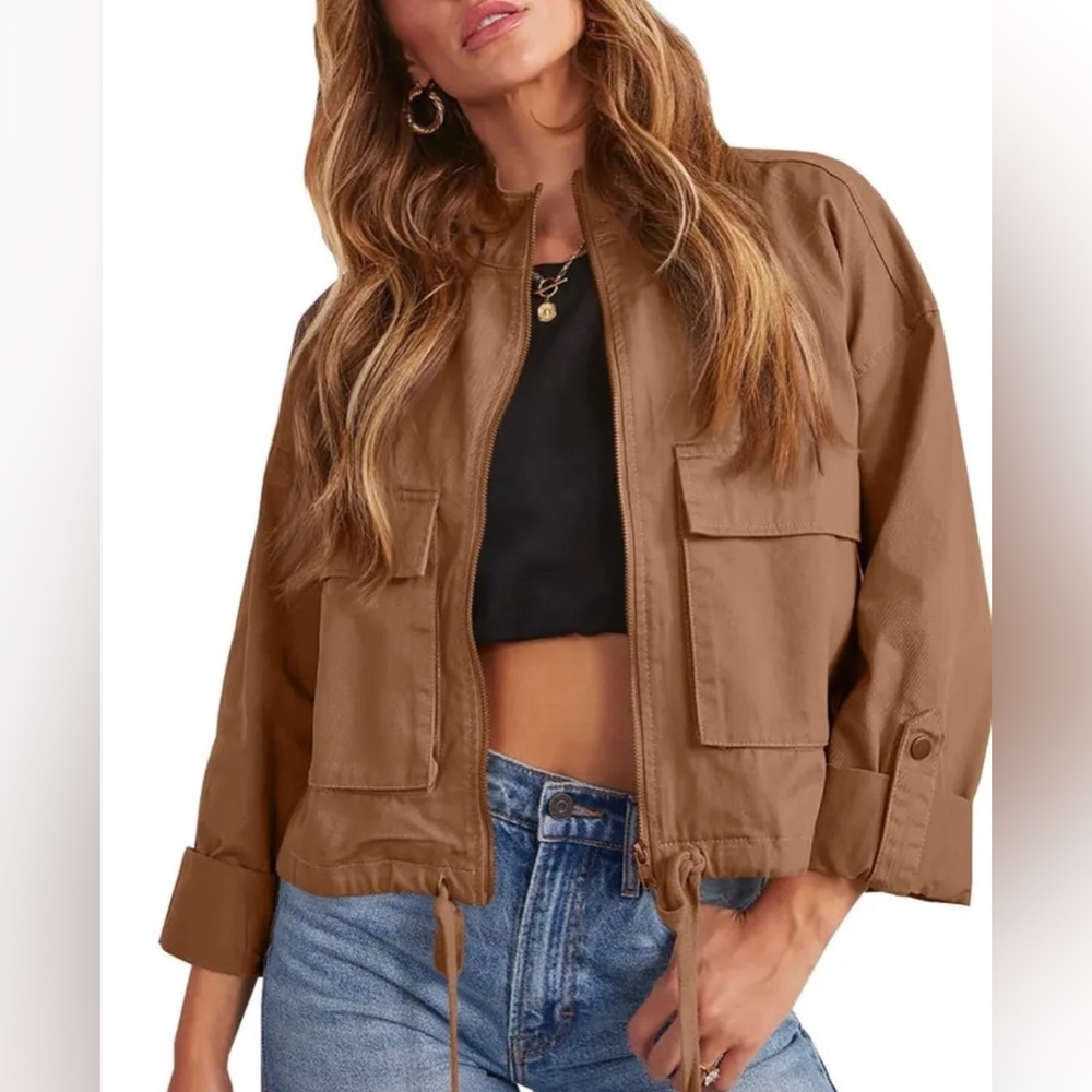 Blu Pepper Oversized Utility Zip-Up Jacket Dark Tan Size S